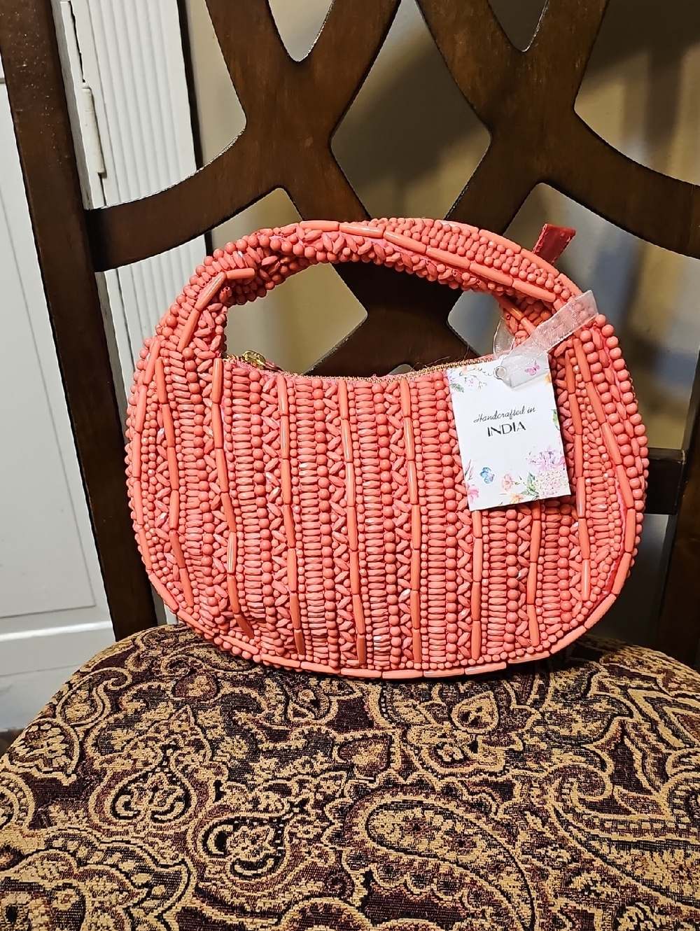 Handcrafted Coral Beaded Women's Hand Bag